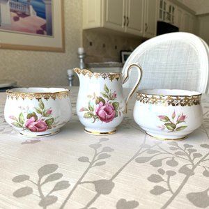 Creamer Sugar Collingwoods Bone China Set 3 pc Vtg Porcelain Gilt Trim Roses